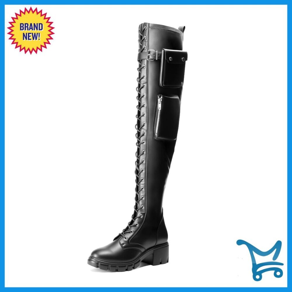 Faux Leather Thigh High Boots with Chunky Heel, Over-the-Knee Style